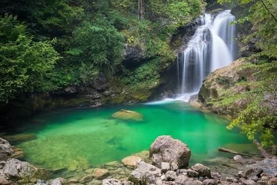 Vintgar Gorge wooden boardwalk and turquoise river, Slovenia