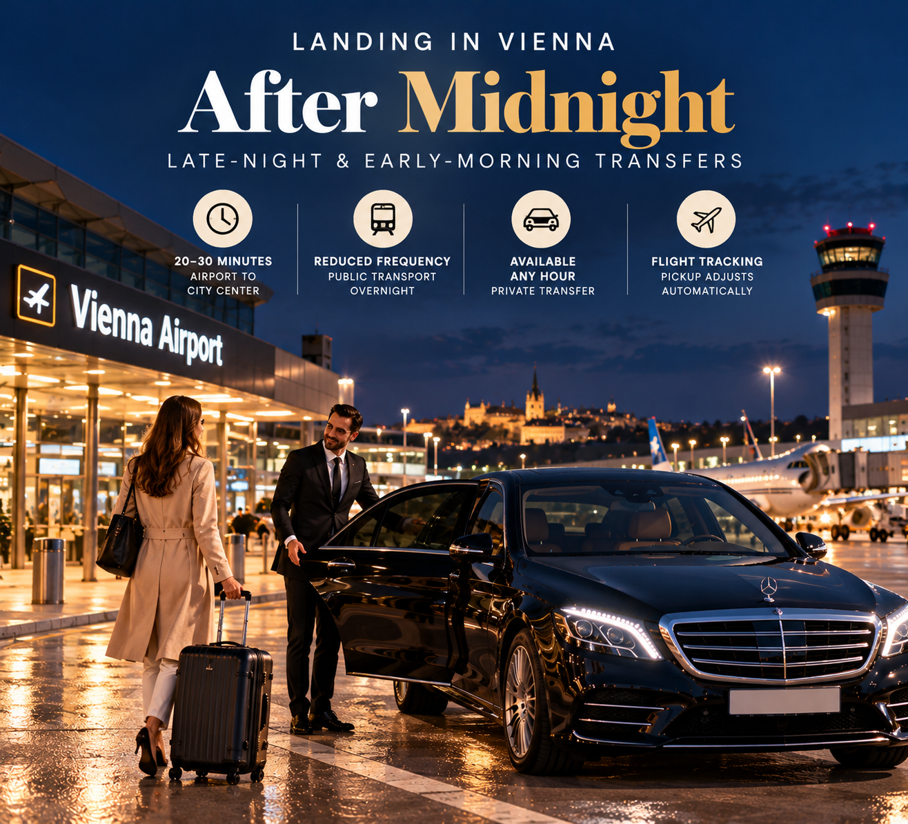 Private chauffeur welcoming a passenger at Vienna Airport at night beside a luxury Mercedes-Benz sedan, illustrating late-night and early-morning airport transfers with flight tracking.