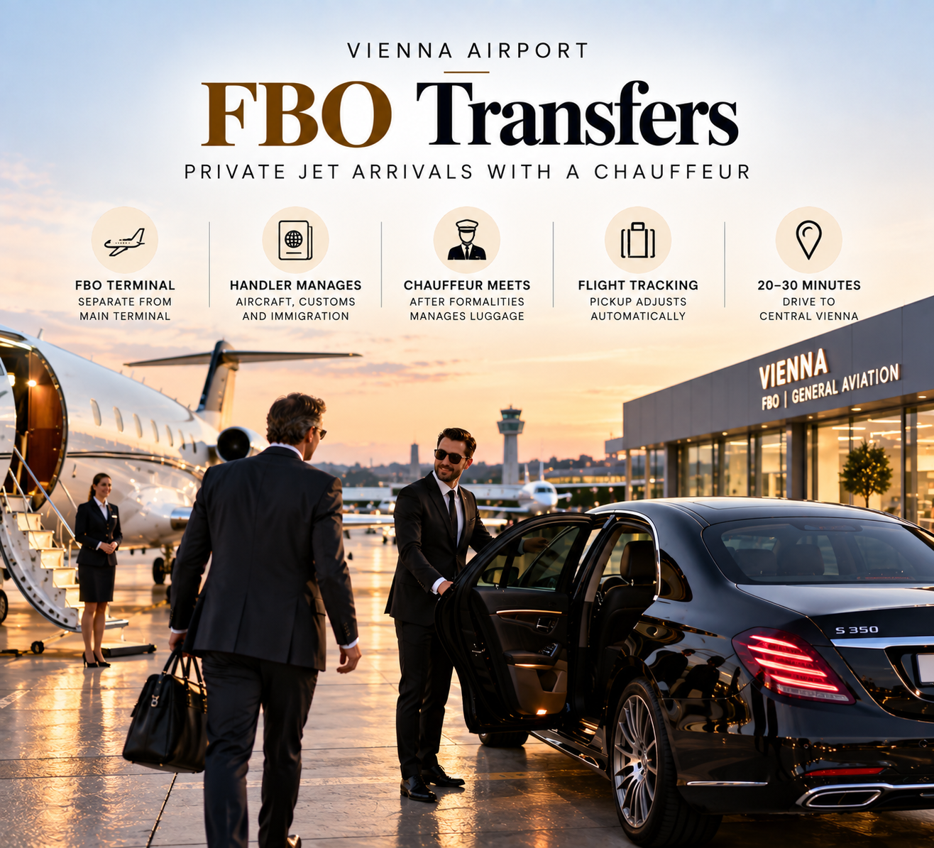 Vienna Airport private jet transfer with a luxury chauffeur, executive Mercedes-Benz, and FBO meet-and-greet service.