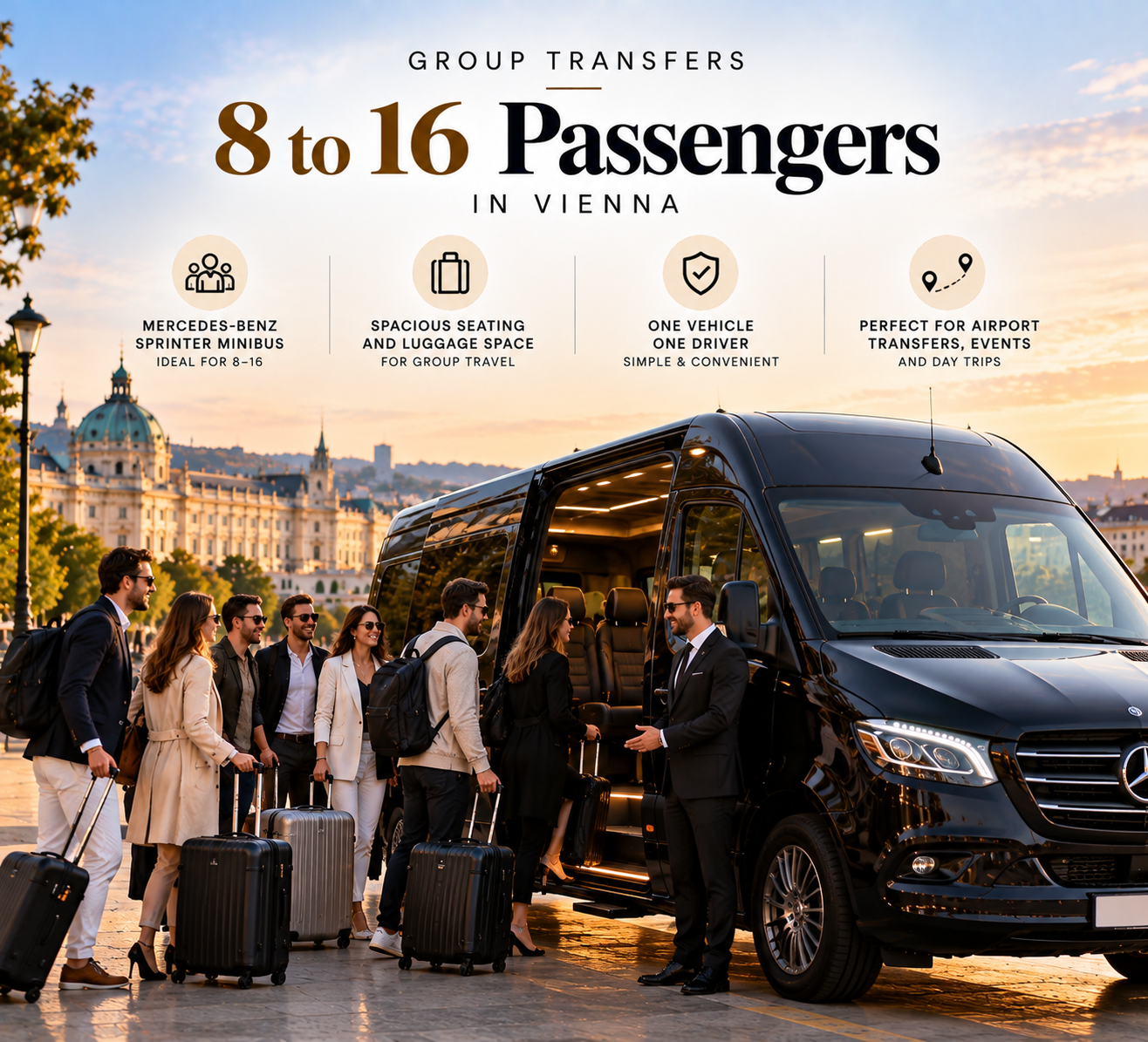 Luxury Mercedes-Benz Sprinter minibus for group transfers in Vienna, accommodating 8 to 16 passengers with spacious seating, luggage storage, and professional chauffeur service.