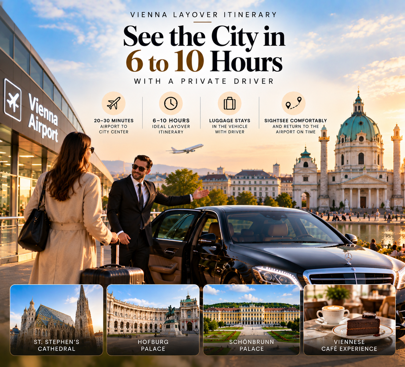 Vienna layover sightseeing with a private chauffeur and luxury Mercedes-Benz, featuring Vienna Airport, St. Stephen’s Cathedral, Hofburg Palace, Schönbrunn Palace, and a traditional Viennese café.
